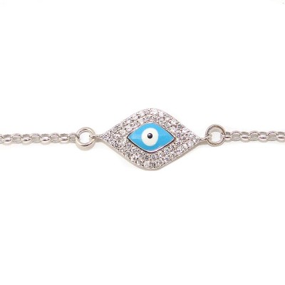 STERLING SILVER BRACELET CLEAR CUBIC ZIRCONIA MARQUIS WITH EVIL EYE CENTER