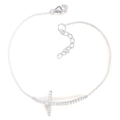 Sterling Silver Bracelet 30X15mm Clear Cubic Zirconia Curved Cross -Rhodium Plating-