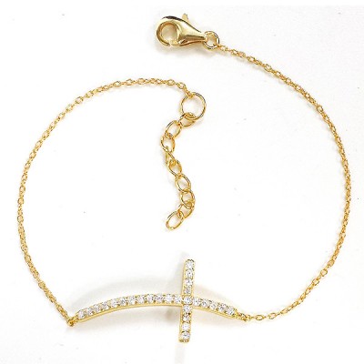 Sterling Silver Bracelet 30X15mm Clear Cubic Zirconia Curved Cross -Gold-
