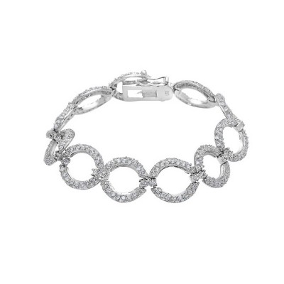 Sterling Silver Bracelet Pave Clear Cubic Zirconia Circle Links