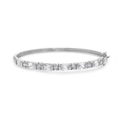 Sterling Silver Bracelet 7 Rectangular Clear Cubic Zirconia Bangle