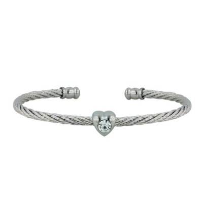 Stainless Steel Bangle Heart W/ Cl Cz Silver Tone, Silver