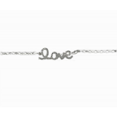 STERLING SILVER BRACELET LOVE SCRIPT CUBIC ZIRCONIA WITH CHAIN