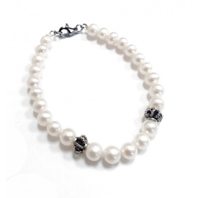 Sterling Silver Bracelet Fresh Water Pearl 6Mm 2 Oxidized Cyli