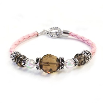 Sterling Silver Bracelet Smoky+Opal Glass Bead with Pink Leather