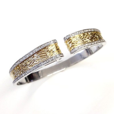 Sterling Silver Bangle Two Tone Gold Patten with Clear Cubic Zirconia on Side