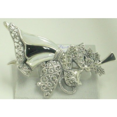 Marcasite Pin Angel Blowing Trumpet Onyx+Mother of Pearl