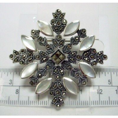 Marcasite Pin 8 White Mother of Pearl Inlay Marquis Filigree Leaf Square