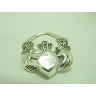 Marcasite Pin Hand Hold White Mother of Pearl Heart