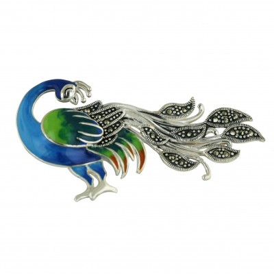 Marcasite Pin Blue and Green Enamel Peacock
