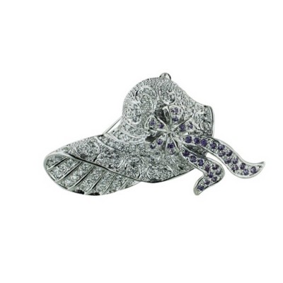 Sterling Silver Pin Clear Cubic Zirconia Fancy Hat with Ame Cubic Zirconia Bow