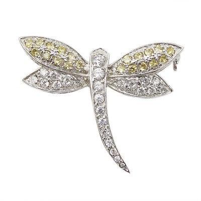 Sterling Silver Pin Yellow+Clear Cubic Zirconia Dragonfly