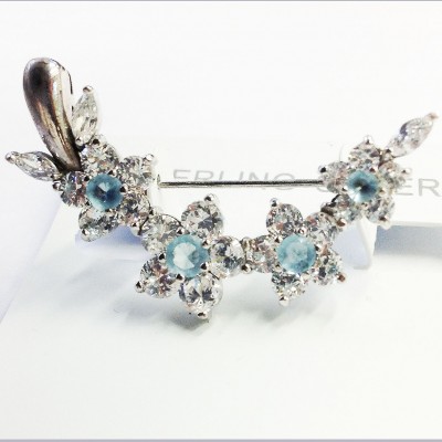 Sterling Silver Pin 4 Aqua Marine Glass+Clear Cubic Zirconia Flower