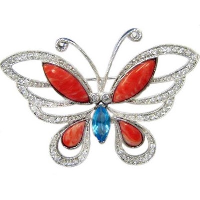 Sterling Silver Pin Aqua Marine Glass Ctr with Pink Color Coral Butterfly