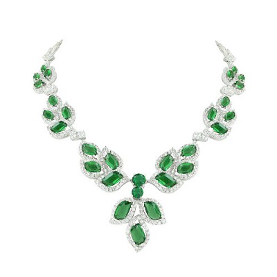 Brass Necklace Multi Wavy Emerald Glass +Clear Cz, Multicolor