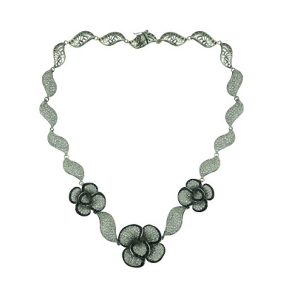 Brass Necklace Rh Plating 3 Flowers Clear Cz & Bla, Clear