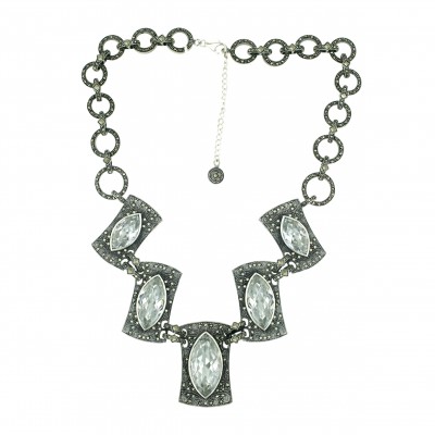 Marcasite Necklace 28X14mm+24X12mm+19X10mm Clear Cubic Zirconia Marquis with Square