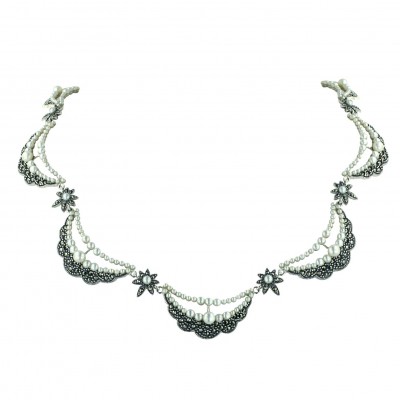 Marcasite Necklace Double Layer Marcasite+White Fresh Water Pearl Drape+Flower