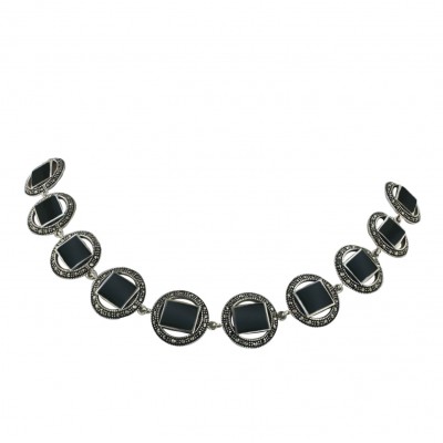 Marcasite Necklace Marcasite Circle+Onyx Inlay Rectangular Links