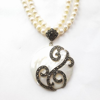 Marcasite Necklace 43mm Round White Mother of Pearl with Filigree+2 S
