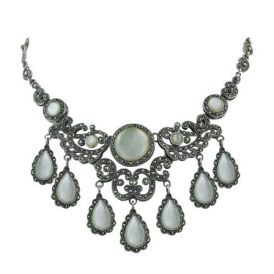 Marcasite Necklace 7 15 mm Tear Drops Mother of Pearl Stone 15mm Rou