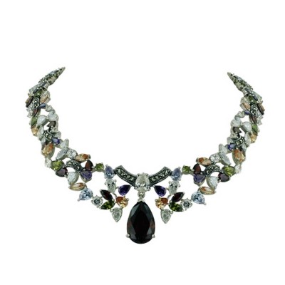 Marcasite Necklace with Tear Drop/Marqui Mutlicolor Cubic Zirconia with