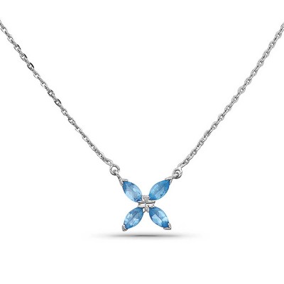 Sterling Silver Necklace 4 Blue Topaz Glass Marquis 16" Thin Rolo Chain