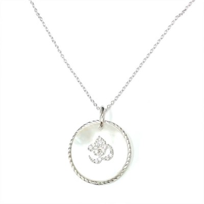 Sterling Silver Necklace Movable Round Mother of Pearl with Clear Cubic Zirconia Allah Word 16+2"