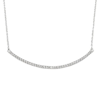STERLING SILVER NECKLACE CLEAR CUBIC ZIRCONIA THIN CURVED BAR 16+2"