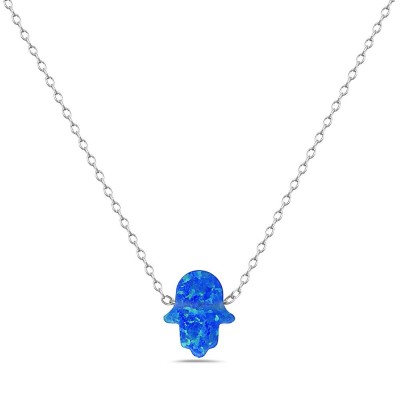 *SMALL* SS NECKLACE SYNTHETIC BLUE OPAL HAMSA