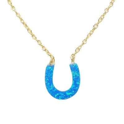 STERLING SILVER NECKLACE RECONSTITUTE BLUE OPAL HORSESHOE **GD