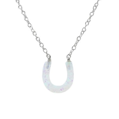 STERLING SILVER NECKLACE RECONSTITUTE WHITE OPAL HORSESHOE **RH