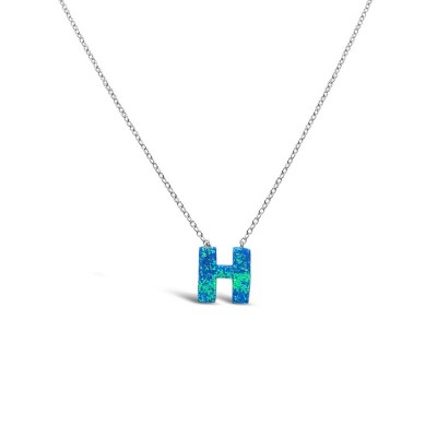 STERLING SILVER NECKLACE LAB CREATED BLUE OPAL INITIAL H