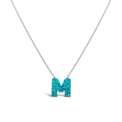 STERLING SILVER NECKLACE LAB CREATED BLUE OPAL INITIAL M