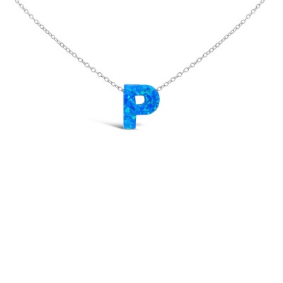 STERLING SILVER NECKLACE LAB CREATED BLUE OPAL INITIAL P 5S