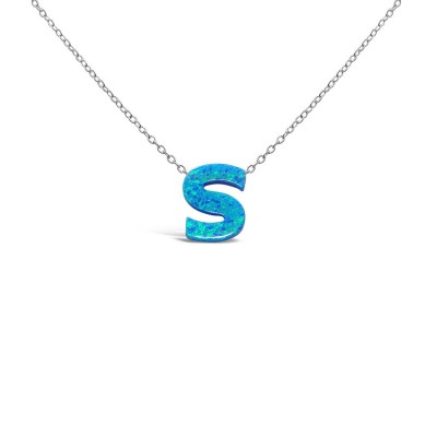 STERLING SILVER NECKLACE LAB CREATED BLUE OPAL INITIAL S