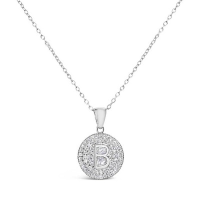 Sterling Silver Necklace Inital B Clear Cubic Zirconia Pave Base Round