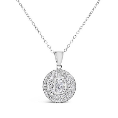 Sterling Silver Necklace Inital D Clear Cubic Zirconia Pave Base Round