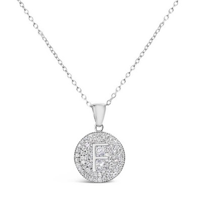 Sterling Silver Necklace Inital F Clear Cubic Zirconia Pave Base Round