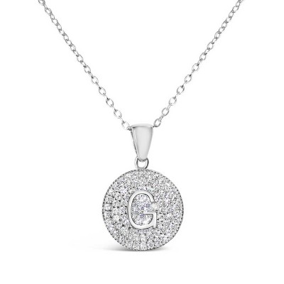 Sterling Silver Necklace Inital G Clear Cubic Zirconia Pave Base Round