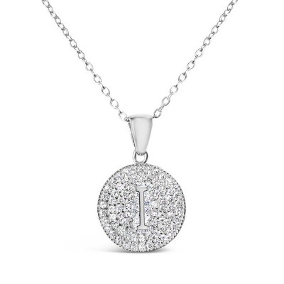 Sterling Silver Necklace Inital I Clear Cubic Zirconia Pave Base Round
