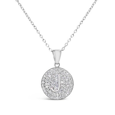 Sterling Silver Necklace Inital J Clear Cubic Zirconia Pave Base Round
