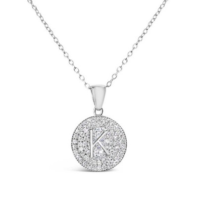 Sterling Silver Necklace Inital K Clear Cubic Zirconia Pave Base Round