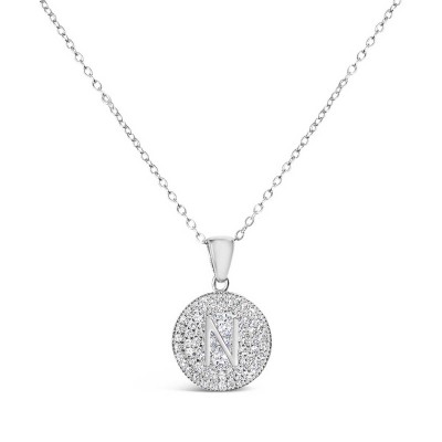 Sterling Silver Necklace Inital N Clear Cubic Zirconia Pave Base Round
