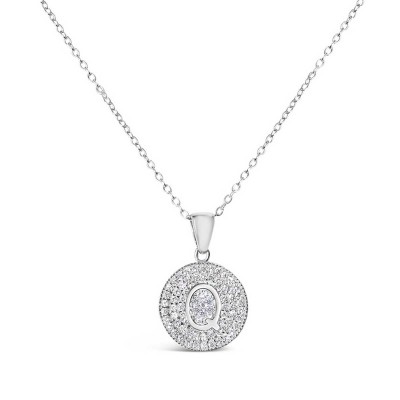 Sterling Silver Necklace Inital Q Clear Cubic Zirconia Pave Base Round