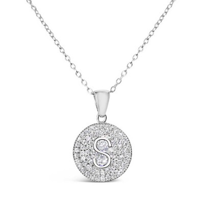Sterling Silver Necklace Inital S Clear Cubic Zirconia Pave Base Round
