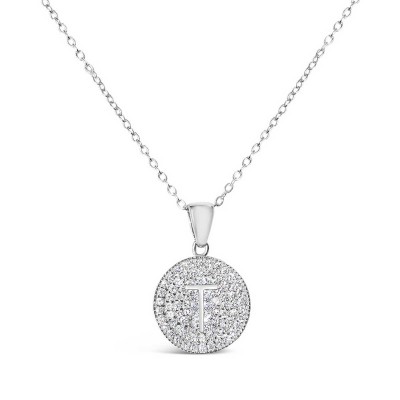 Sterling Silver Necklace Inital T Clear Cubic Zirconia Pave Base Round