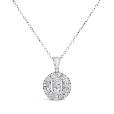 Sterling Silver Necklace Inital U Clear Cubic Zirconia Pave Base Round