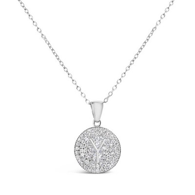 Sterling Silver Necklace Inital Y Clear Cubic Zirconia Pave Base Round