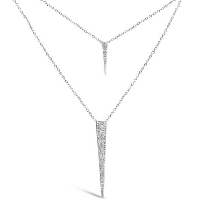 Sterling Silver Necklace Double Strands Pointy Triangle Pave Cubic Zirconia